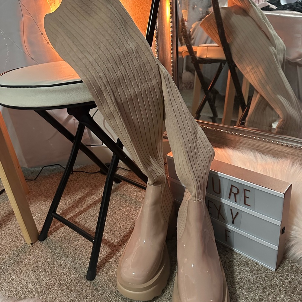 Fashion Nova pink thigh high platform boots